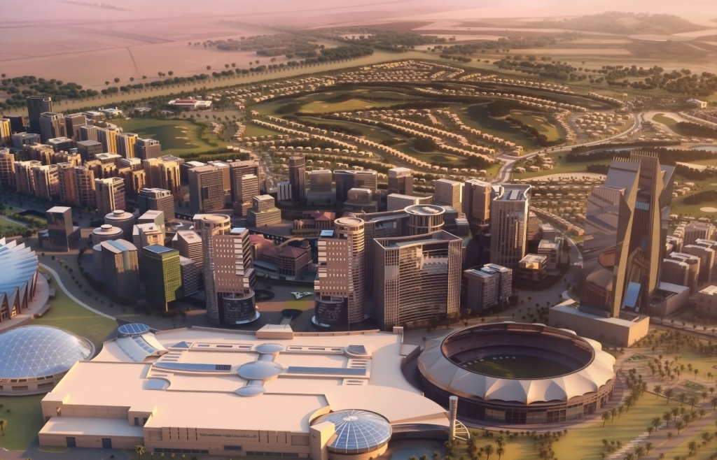 Dubai mixed-use property listings aerial view.