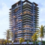 Modern residential tower in Dubai Land Residence Complex surrounded by palm trees – Avenue luxury apartments for sale.