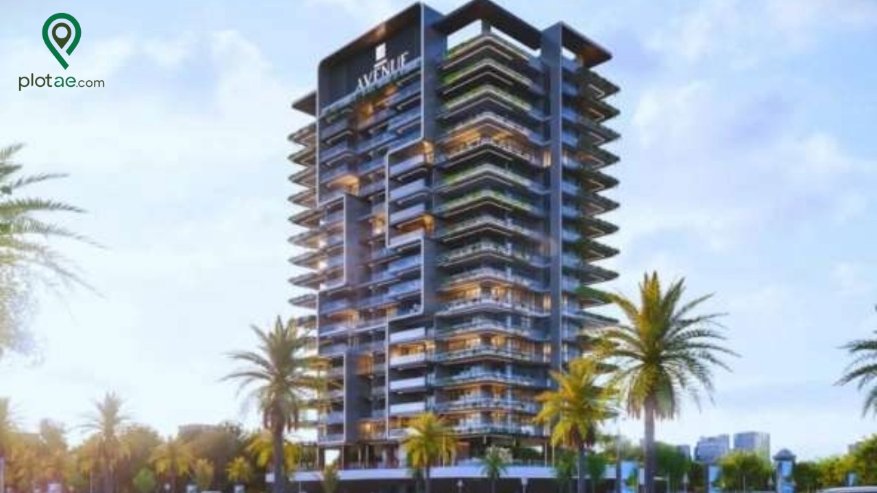 Modern residential tower in Dubai Land Residence Complex surrounded by palm trees – Avenue luxury apartments for sale.