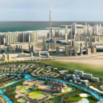 Aerial view of modern communities and nearby Residential plots for sale in Dubai with city skyline in the background