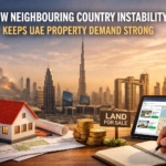 a land for sale borad on a house plot, dubai city view in the backround