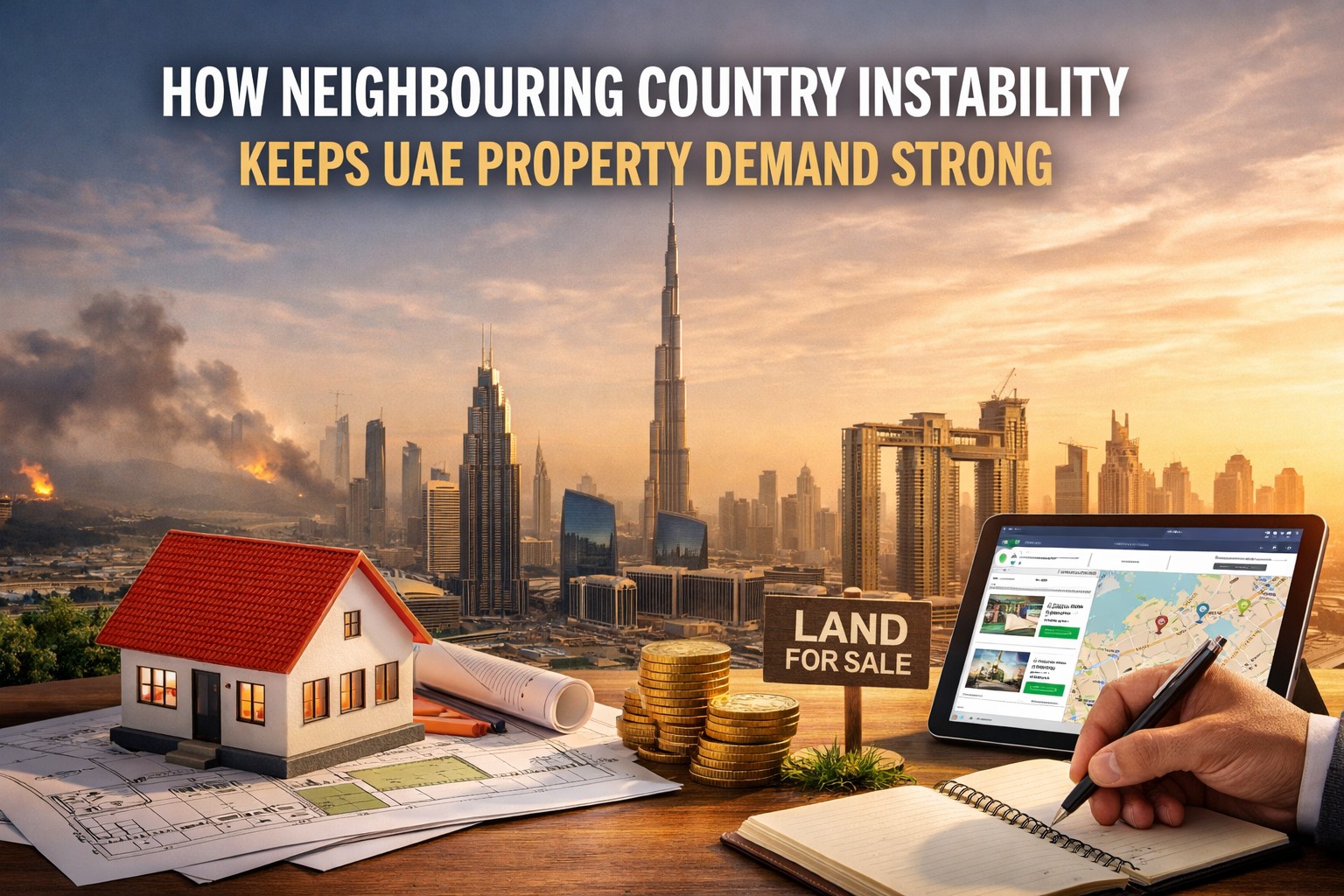 a land for sale borad on a house plot, dubai city view in the backround