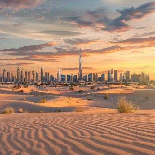 Dubai downtown skyline panorama at sunset with desert sand United Arab Emirates _ Premium AI-generated image Dubai downtown skyline panorama at sunset with desert sand United Arab Emirates _ Premium AI-generated image